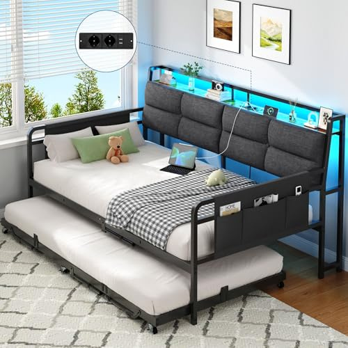Brinlawb Canapé Lit 90x200 cm avec Lit Gigogne, Banquette lit avec Rangement, Multiprise et Éclairage LED Réglable, Canapé Convertible en Lit 90x200/180x200 cm avec Dossier Capitonné Gris