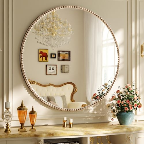 Koonmi runder Wandspiegel 90 cm, PU Perlenrahmen, Silber | Retro Badspiegel zum Aufhängen oder Anlehnen für Eingangsbereich, Schlafzimmer, Wohnzimmer und Flur