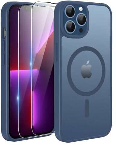 TQIAHF Magnetic Phone Case Cover for iPhone 13 Pro,Blue | with 2 Tempered Glass Screen Protector Compatible with MagSafe Military Grade Shockproof Protective Slim Translucent Matte