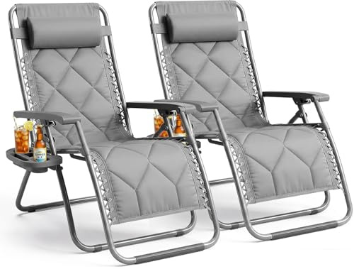 KEPLIN Set of 2 XXL Premium Heavy Duty Padded Diamond Zero Gravity Chairs - Luxurious Garden Recliners, Adjustable Headrest, Cup & Phone Holder, Foldable, Patio Sun Loungers - 150kg Weight Capacity