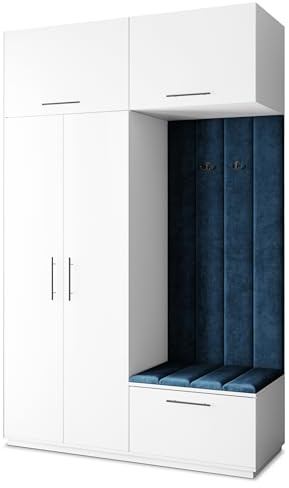 Masseno Flugarderoben Set Rema, Kleiderschrank-Set mit Sitzbank, Garderobenschrank Flur mit 5 Regalböden, Weiß