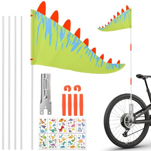 LTFIOON Kinderfahrradflagge, Verstellbare Dreieck-Fahrradfahne mit Halterung, 166cm Hohe Sicherheitsflagge für Jungen und Mädchen, Grüne Cartoon-Warnflagg mit Dinosaurier-Motiv für Fahrrad