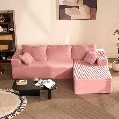 Litbird Modulares Ecksofa mit L-Form und Schlaffunktion, vollgepolstertes Sofa mit Memory-Schaum und Cordstoff, Schlafsofa für Wohnzimmer (Rosa, Recamiere rechts)