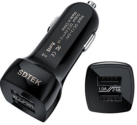 SDTEK Black Dual USB Car Charger [Fast Charge] 2.1A for iPhone 7, 6 / 6s, Plus, 5 SE 5s, Samsung Galaxy A3 A5 J3 J5 2016 2017, Huawei, Sony Xperia, iPad Air, Pro, Mini and More