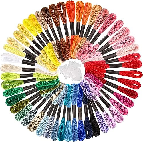 Caydo Stickerei Floss 50 Stränge Regenbogen Farbe Stickgarn Kreuzstich Floss mit 12 Stück Floss Spulen