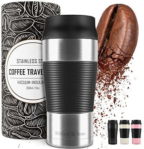 Travel Mug Coffee Cup Thermal Leakproof, BPA Free + Dishwasher Safe, 360ml | Reusable To Go Tumbler Coffee Mug + Tea Drinking Cup, Double-Walled Vacuum Insulated Stainless Steel, Flask Hot Cold Drinks
