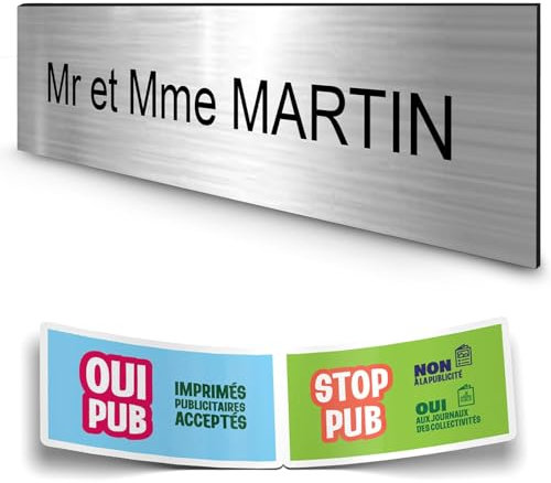 DECOHO - Plaque boîte aux Lettres personnalisée adhésive 100x25mm - Plastique argenté Durable - 1 Ligne Personnalisable + Stickers Stop P - Argent