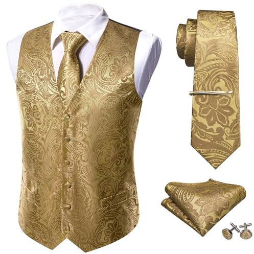 Barry.Wang Designer Waiscoat Vest for Men Necktie Hanky Cufflink Wedding Business Formal Dress Tuxedo , Gold, XL