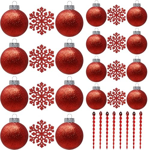Rote Kugeln für Christbaumschmuck, bruchsicherer Kunststoff 60 mm und 80 mm Glitzer-Schneebälle, Eiszapfen und Schneeflocken, Ornament-Set mit 32 Stück