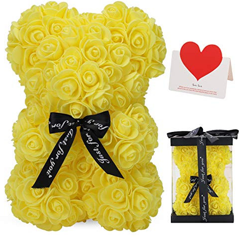 Rose Bear, Rose Teddy Bear 10 Inch Dozen Flowers Artificial Plants Decorations, Gift for Valentines Day, Mothers Day, Christmas,Birthday,Wedding Party Decorations with Clear Gift Box (13-Yellow)