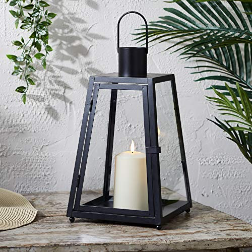 Lights4fun Lanterna Trapezio in Metallo Nero di 36cm con Candela TruGlow® LED Bianco Caldo a Pile per Uso in Esterni