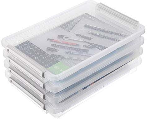 BSTKEY 4 Pack A4 Plus File Box Stationery Storage Case, Stackable Transparent Portable Project Case with Lid, 1 Deck Storage Bag Organizer