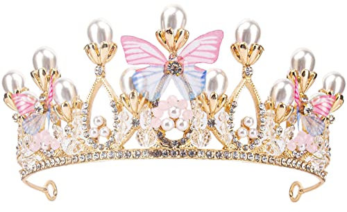 Princess Tiaras for Girls, Crystal Tiara Pearl Princess Crown Headband, Princess Tiara Headband for Birthday, Celebration, Holiday,Costume Party (Butterfly Crown)