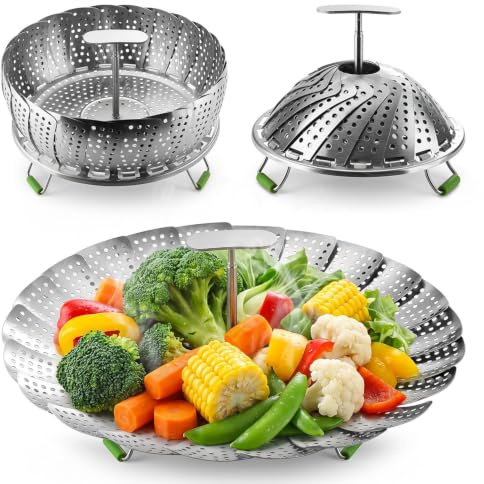 Flexzion Veggie Steamer Basket - Stainless Steel Steam Basket for Vegetables, Fish, Meats, Eggs w/Extendable Handle - Expandable Foldable Cooking & Steaming Basket for Various Size Pot, 7 to 11 Inch