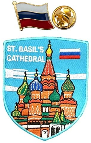 A-ONE 2 Stück Packung - St. Basilikum Kathedrale Applikation + Russland Flagge Reversnadel Russland Zwiebelkuppel Stickerei weltberühmtes Wahrzeichen Patch Nr. 212P