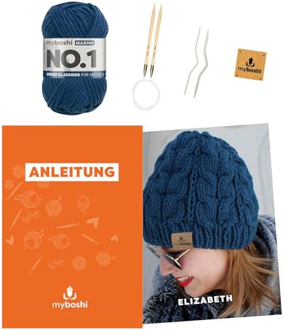myboshi Strickset Mütze Elizabeth für Fortgeschrittene, inkl. No.1 Wolle, Nadeln, Anleitung, Label, Strickpaket, 70% Polyacryl, 30% Wolle (Merinowolle) Blau, mit Rundstricknadel