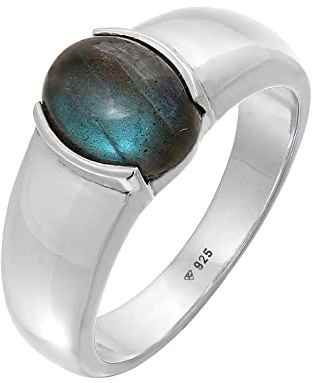 Kuzzoi Anillo de sello para hombre con piedra de labradorita de plata de ley 925 pulida, anillo de plata maciza con gema (10 mm) ovalado, anillo para hombres de tamaño 60-66, 0611211021