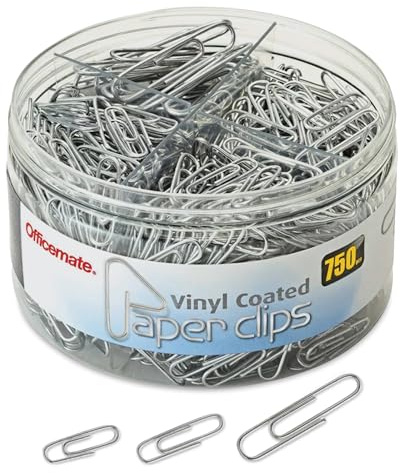 Officemate 750 Paper Clips, Vinyl Coated, Assorted Sizes, Reusable Storage Tub, for Office, School and Home Use, Silver (99970)