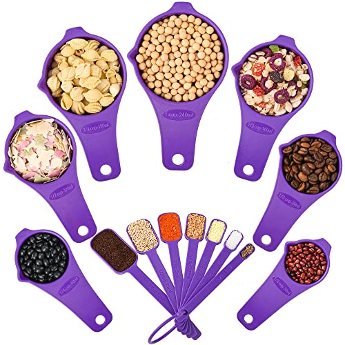 Nstezrne Plastic Measuring Cups and Spoons Set of 15, 7 Measuring Cups and 7 Measuring Spoons with Leveler, Plastic Measuring Cups Spoons for Baking and Cooking Purple