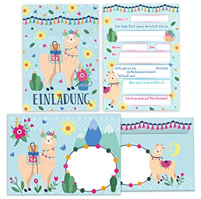Junapack 12 Einladungskarten incl. 12 Umschläge zum Kindergeburtstag Mädchen Lama