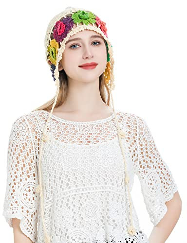 ZLYC Women Baumwolle Strickmütze Handgemacht Gehäkelter Strick Sommer Blumens Mütze (Geflecht Blumen Beige)