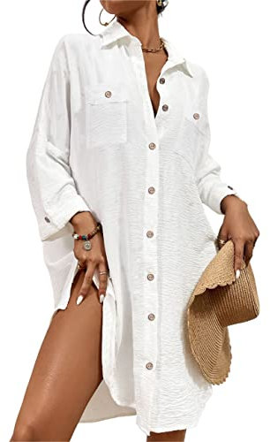 Bsubseach Femme Chemise de Plage Robe Bikini Cover Up Cache Maillot de Bain Pareo Plage Chemisiers Été Manches Longues Outwear Blanc L