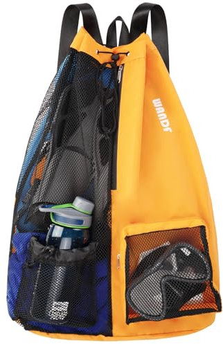 WANDF Swim Bag Mesh Drawstring Backpack with Wet Pocket Beach Backpack for Swimming, Gym, and Workout Gear(XL-Orange)
