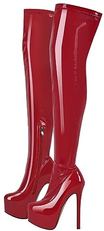 blingqueen Damen Stretch Boots Overknee Stiefel Plateau Stiletto Metallic Lack Rot 37 EU