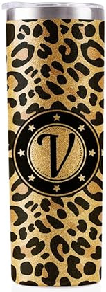 Onebttl Personalised Leopard Print Cup With Initial - Unique Gift for Women - Birthday, Christmas Ideas - 591ml Vacuum Tumbler With Lid and Straw - Glitter - V