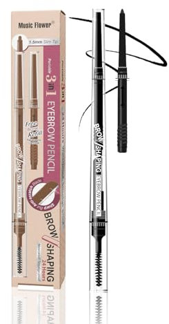 Music Flower Augenbrauenstift, 3-in-3-Augenbrauenstift, Ultradünner Brauenstift mit Augenbrauenbürste & Trimmer, Lang anhaltendes Augen-Make-up-Geschenk für Frauen, Schwarz