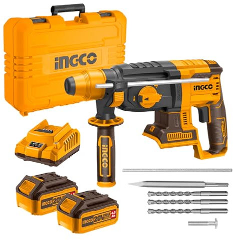INGCO 20V Brushless SDS Plus Rotary Hammer Drill 2.5J, 1100RPM, 26mm in Concrete, 4IN1 Function Adjust Knob, with 3Pcs Drill Bits and 1Pcs Chisel, 2Pcs 4.0Ah Battery and 1Pcs Fast Charger CRHLI202287