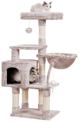 Hey-brother Arbre à Chat, Un Tour de Jeux pour Chats avec Jouets, Une Tour pour Chats intérieure équipée d'un perchoir bourré de Peluche et d'un hamac Confortable, Brun crème EMPJ004SMU-N
