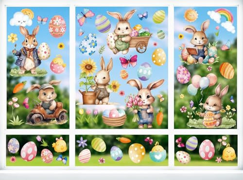 Autocollants Décor de Pâques - 9 Feuilles de Décoration Fenêtre avec Lapins et Œufs pour Printemps