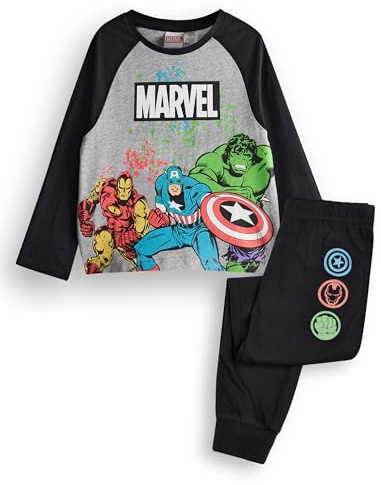 Marvel Avengers Jungen Pyjama-Set | Kinder Superhero Langarm Langbein Grafik Pyjamas in Grau und Schwarz | Iron Man Incredible Hulk Captain America Klassisches Comic-Kunstwerk | Film Film Merchandise
