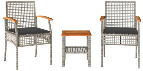 vidaXL Bistro Set 3-TLG., Balkonset mit Kissen, Sitzgruppe für Garten Terrasse Balkon, Gartenmöbel 2 Stühle 1 Tisch, Balkonmöbel Gartenset, Grau Poly Rattan Akazienholz