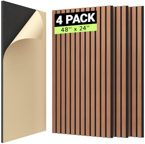 TONOR 4 PCS Wood Slat Panels, 48x24 Adhesive Acoustic Panels for Wall, Decorative 3D Fluted Panels for Sound Absorbing, Soundproof Panels with Wood Finish for Living Room, Rosewood Orange