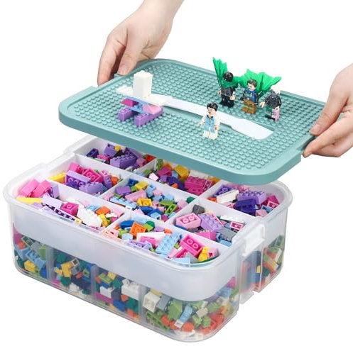 Douorgan Toy Storage Organizer for Lego Stackable Organizer Bins with Compartments Portable Containers with Lids Building Blocks Miniature Organizer Storage Box Toy Chest Case (Blue, 1 Layer)