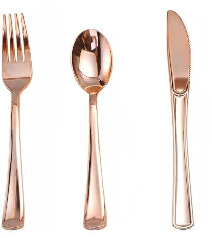 SZHXVIVISY Ensemble de couverts plastiques réutilisables 75 pièces dorés Parfait pour la fête,le mariage,l'anniversaire,le festival,Noël 25 PCS Cuillères,25 PCS Couteaux,25 PCS Fourchettes (or rose)