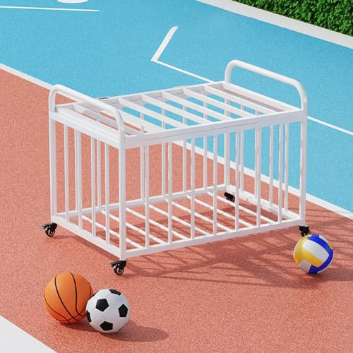 UPWONEC Rolling Basketball Storage Cart, Mobile Ball Storage Rack, Rolling Ball Storage Bin with Wheels, Rolling Sports Ball Storage Cart, for Soccer Ball, Football, And Basketball,White M