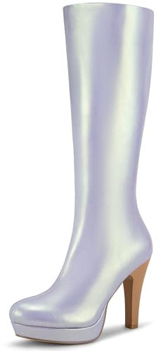 Allegra K Stivali alti al ginocchio da donna con tacco grosso punta rotonda, Argento, 39 EU