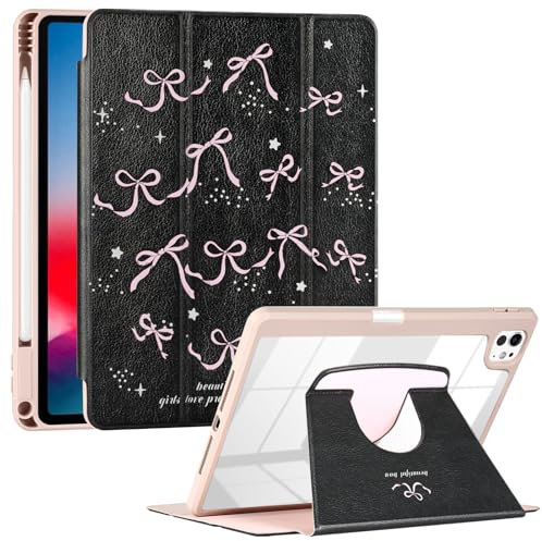 Fycyko Coque pour iPad Pro 11 inch, iPad Pro 4th/3rd/2nd, Étui avec Support Pivotant à 360 Degrés, Design Fashion Bow, Dos Transparent avec Porte-Crayon