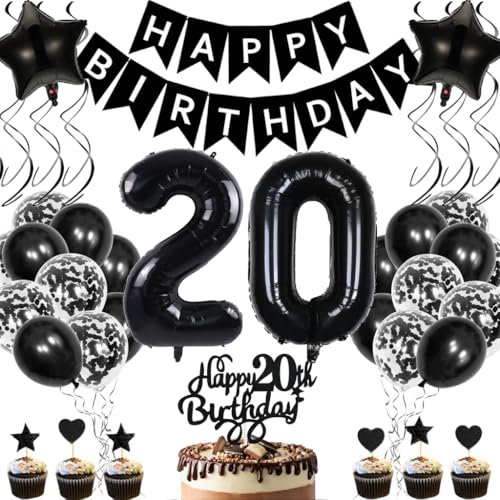 Anlgdi Geburtstagsdeko 20 Jahre Mann Frau, Luftballons 20. Geburtstag Dekoration, Schwarz Tortendeko Geburtstags 20 Jahre Frauen, Folienballon Zahl 20 Schwarz, Deko 20. Geburtstag Männer
