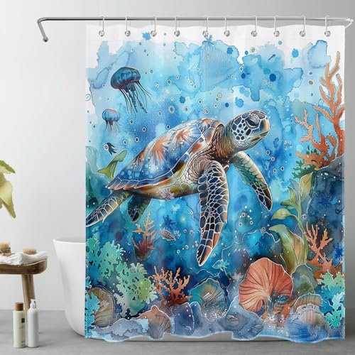 LB Meeresschildkröte Duschvorhang 120x175cm(BxH) Bunte Korallen und Quallen Antischimmel Wasserdicht Badezimmer Vorhänge, Blauer tiefer Ozean Extra Kurz Polyester Stoff Bad Vorhang mit Haken