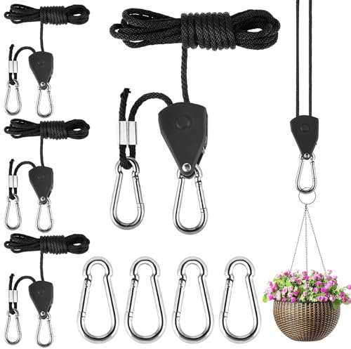 4er Pack Seilratsche mit Haken - Flaschenzug mit Seilbremse - 2 m Verstellbarer Seilspanner - Verstärkt, 75 kg Tragfähigkeit - Perfekt als Abspannseile Camping und Zeltschnur mit Spanner