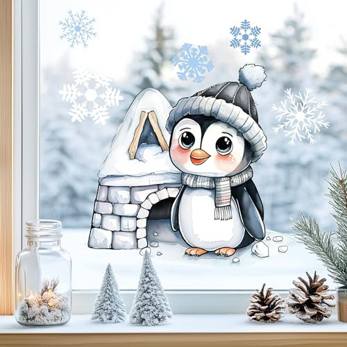 Sunnywall Fensterbilder Winter für Kinder Tiermotive in Winterszene als statisch haftende Fenstersticker, WIEDERVERWENDBAR (Pinguin, A2 Bogen)