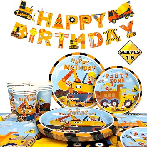 Construction Party Supplies,Serves 16 Construction Party Tableware Set Digger Birthday Party Plates Cups Napkins Tablecloth with Banner etc Digger Supplies Decorations