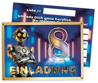 12 Einladungskarten zum 8. Geburtstag - Geburtstagseinladung Einladung zum Kindergeburtstag Kinderparty Techno-Party für Jungs Kinder Science High-Tech Künstliche Intelligenz Roboter Neonfarben