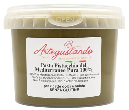 Artegustando Pasta di Pistacchio 100% Pura 1Kg,Senza Zucchero e Senza Glutine Ideale per Gelato Artigianale, Pasticceria, Dolci e Granite Semilavorato Professionale di Pistacchio.(1 kg)