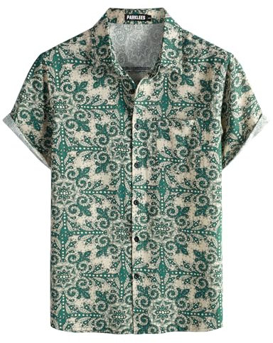 PARKLEES Men's Casual Linen Hawaiian Shirt Short Sleeve Button Down Retro Shirts Hipster 70s Hippie Tops Green Rence Large