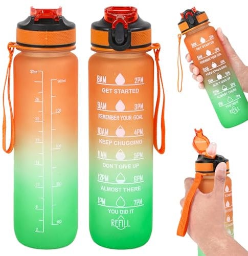 Taylor & Brown 1L Water Bottle with Straw, BPA-Free Leakproof Sports Bottle with Time Markings, Reusable Plastic Drink Bottle for Gym, Cycling, School, Office, Outdoor for Kids & Adults (Green/Orange)